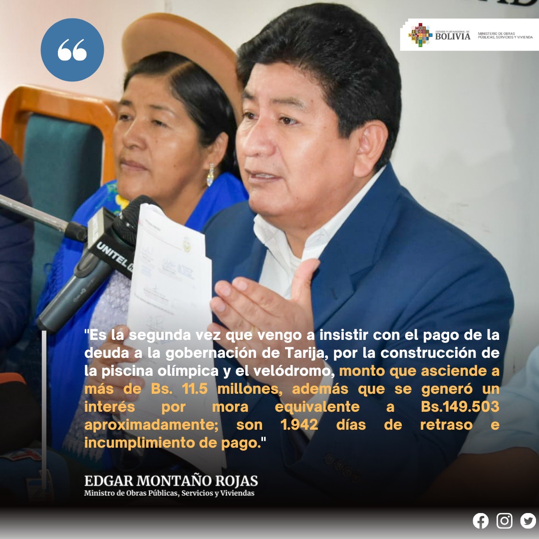 mopsv_Bolivia's tweet photo. ✍ #FraseDelDía | Tras señalar que realizará una inspección al velódromo y la piscina olímpica de #Tarija, el ministro de Obras Públicas, #EdgarMontaño, instó al gobernador #OscarMontes, efectuar el pago adeudado por la ejecución de estas obras.
#EstamosSaliendoAdelante https://t.co/uXnnckUlmg