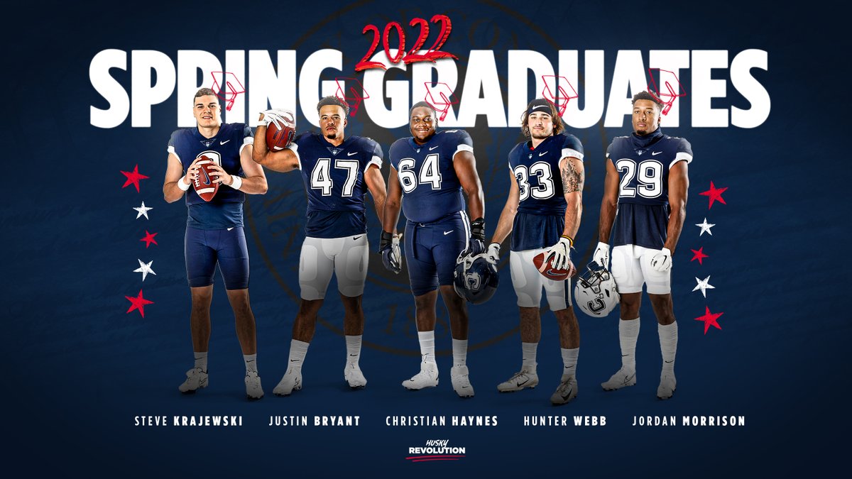 UConnFootball's tweet photo. To our men graduating this weekend...

CONGRATS and thank you for your hard work!

🎓🎓🎓

@stevekrajewski, @Justin_Bryant28, @C_Haynes70, @HunterJW7, @jordnmorrison 

#HuskyRevolution https://t.co/QfQ3ykBOE5