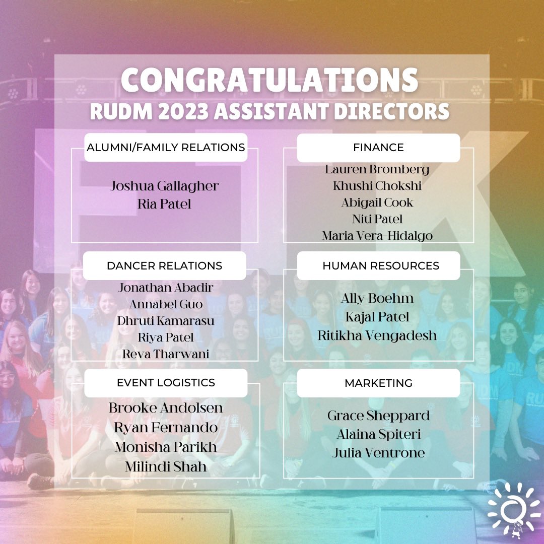 RUDanceMarathon's tweet photo. We are proud to announce the 2023 Assistant Director Team, we applaud your commitment and dedication to our families! Thank you to everyone that participated in the selection process. Get excited for #RUDM2023! https://t.co/bCoj95zXnF