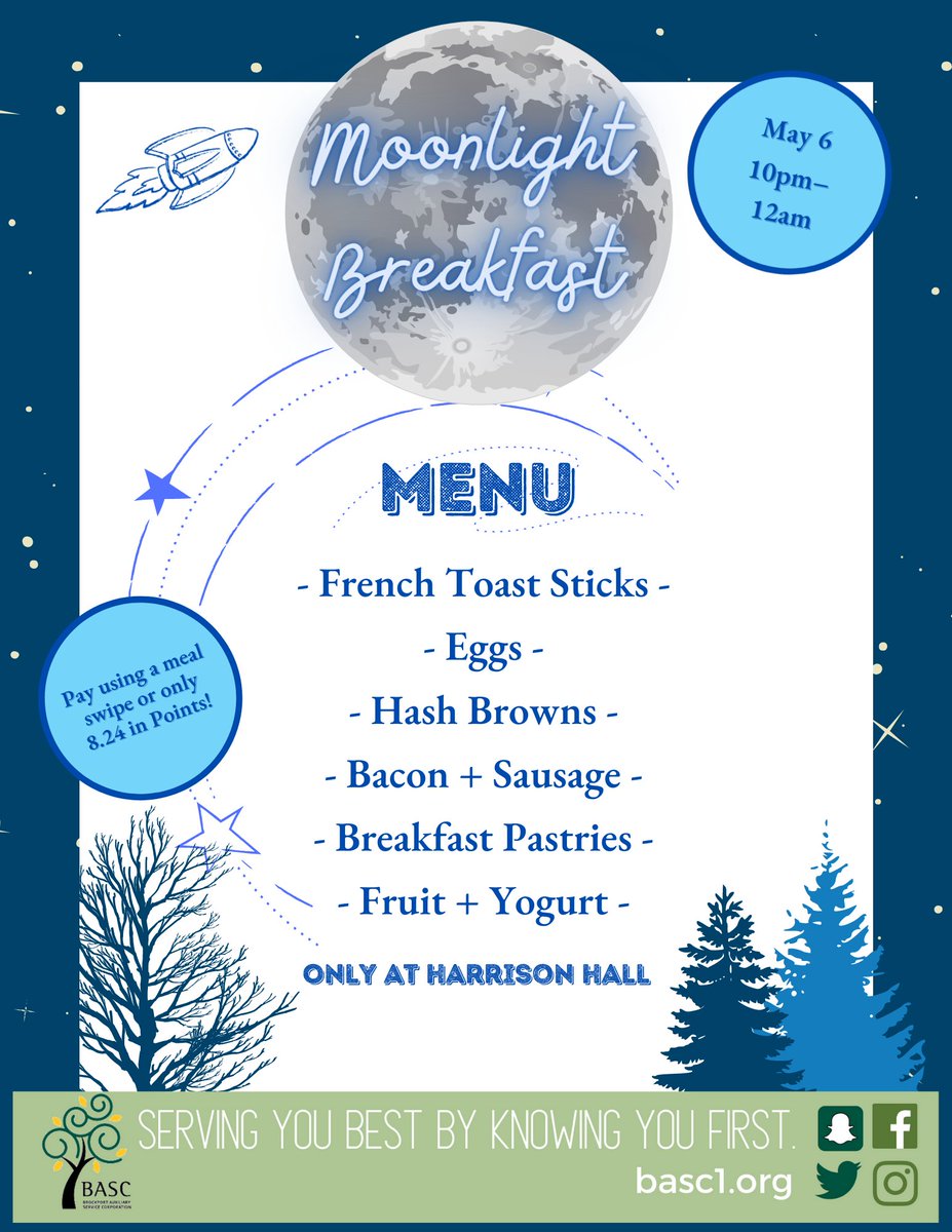 Are you excited for tonight? Here's what you can expect to munch on at our Moonlight Breakfast! Grab your friends and come on down at 10PM! 🌛

Note: TRAX will be closed during this time! Join us up in Harrison or take a meal to go from The Nest