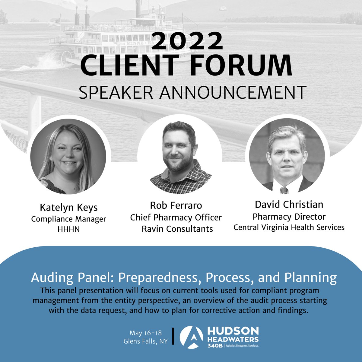 Hudson340B's tweet photo. Meet the speakers of the Hudson Headwaters 340B Client Forum!

Katelyn Keys, Robert Ferraro PharmD, MBA, ACE, and David Christian are ready to provide a few overview of the #340B audit experience. https://t.co/xmItQQkBWy