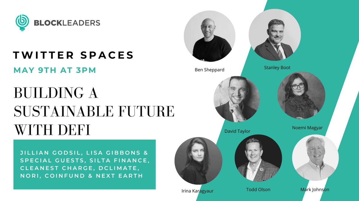 blockleaders's tweet photo. What a wonderful line up for our discussion around Building a sustainable future with DeFi &amp; Impact Investing. Join us on Mon, May 9th https://t.co/Q5SQrUxzjG

#defi #blockchain #sustainability https://t.co/rm7D5UIvrw