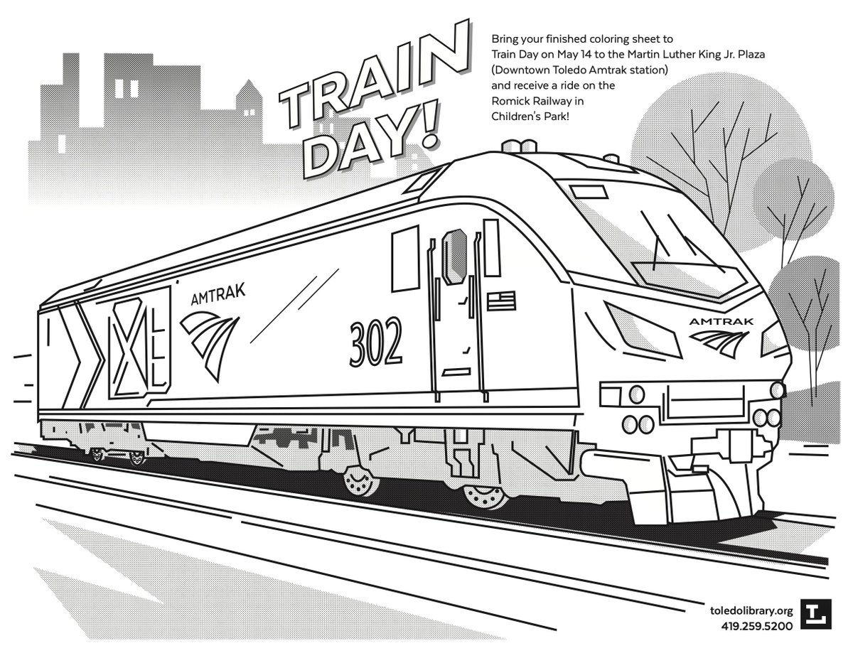 ToledoLibrary's tweet photo. Choo! Choo! 🚂
Saturday May 14 is National Train Day. TLCPL has partnered with the Downtown Toledo Amtrak Station to give kids a free train ride!
Bring a finished coloring sheet to Train Day a receive a ride on the Romick Railway.
Pick up a coloring sheet at any Library location! https://t.co/kTrHzThlze