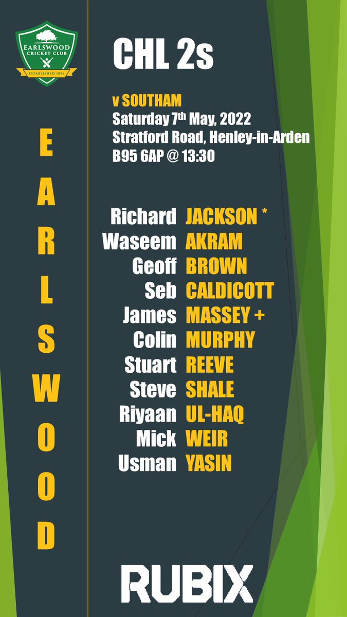 Tomorrow's fixtures and team news

🏡WCL 1s v <a href="/MarstonGreenCC/">Marston Green CC</a> 
🚗WCL 2s v <a href="/Wishaw_CC/">Wishaw Cricket Club</a> 
🏡WCL 3s v <a href="/OandRCricket/">Oakfield & Rowland Utd CC</a> - POSTPONED
🚗CHL 1s v <a href="/Shipston_CC/">Shipston on Stour CC</a> 
🏡CHL 2s v <a href="/SouthamCC/">Southam Cricket Club</a>