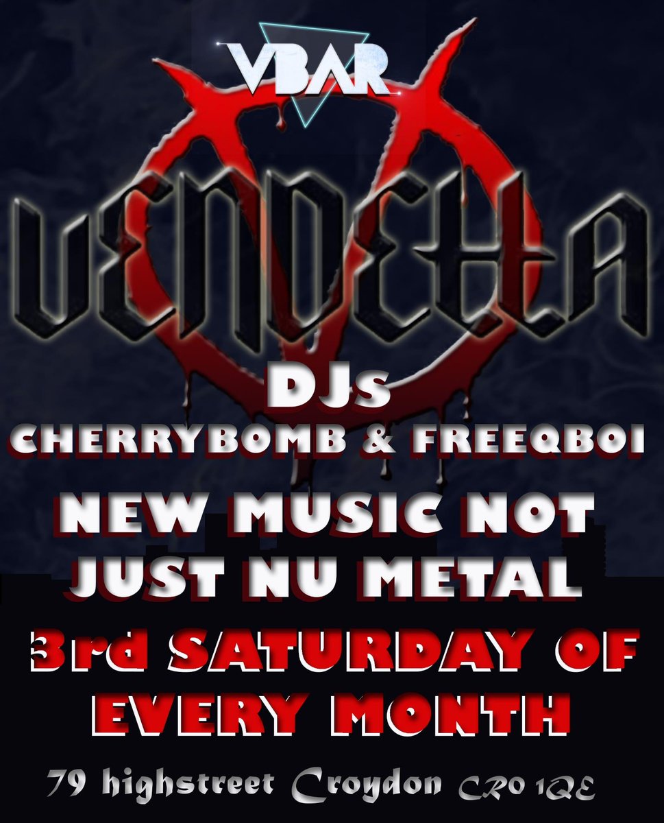 Vendetta - every 3rd Saturday of the month
Our Cronx Nu-Metal Night with DJ CherryBomb &amp; FreeQBoi.

Expect the un-expected.....as we inject new life &amp; new music to create a metal scene for a new generation!
£5 entry B4 midnight; £7 after - doors close at 1.30am