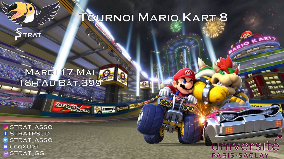 STRAT_Asso's tweet photo. Bonjour à tous et toutes ! 
STRAT organise un tournoi Mario Kart 8 Deluxe le 17 Mai 2022 à la MAPS à 18h30.

Vous trouverez le lien de préinscription ci-dessous et le règlement du tournoi sur le discord de l'association!

A très vite!

Préinscription : https://t.co/LKgu6LPhW2 https://t.co/RzBGrVMFzS