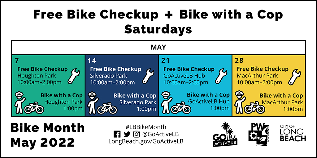GoActiveLB's tweet photo. Our first Bike Check Up event is this Saturday, May 7, in North Long Beach at Houghton Park from 10am - 2pm. Check out the full schedule of Bike Check Up events and get back on a roll in no time! https://t.co/i1o91lIRo2 #LBBikeMonth2022 #GoActiveLB https://t.co/gvxhB723XQ