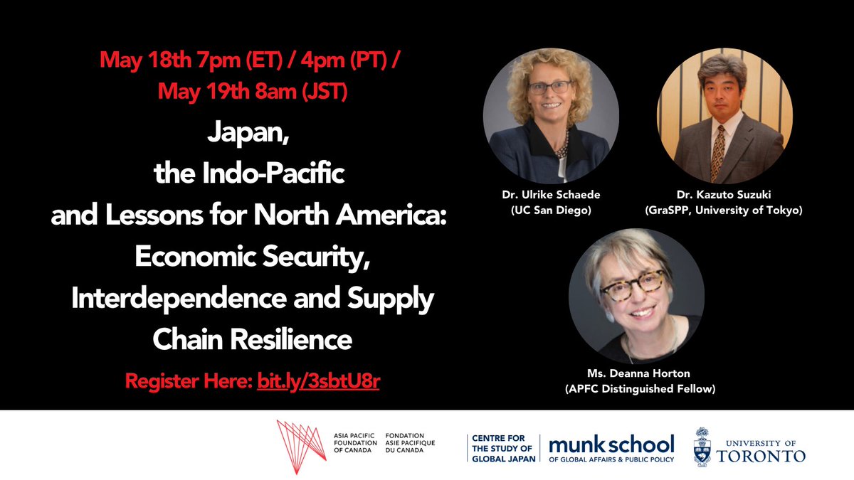 Deanna Horton (@dlhinto) on Twitter photo Thanks to <a href="/CSGJ_Munk/">Centre for the Study of Global Japan</a> <a href="/AsiaPacificFdn/">APF Canada</a> ! Looking forward to what will be an interesting and relevant conversation on #Japan and #IndoPacific with <a href="/UlrikeSchaede/">Ulrike Schaede</a> and <a href="/KS_1013/">Kazuto Suzuki</a>
More info: munkschool.utoronto.ca/csgj/event/316… Thanks to <a href="/CSGJ_Munk/">Centre for the Study of Global Japan</a> <a href="/AsiaPacificFdn/">APF Canada</a> ! Looking forward to what will be an interesting and relevant conversation on #Japan and #IndoPacific with <a href="/UlrikeSchaede/">Ulrike Schaede</a> and <a href="/KS_1013/">Kazuto Suzuki</a>
More info: munkschool.utoronto.ca/csgj/event/316…