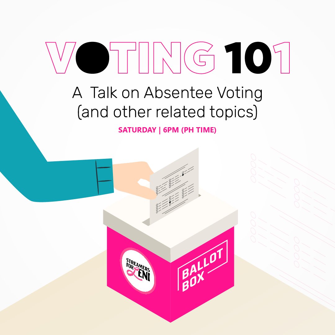 Streamers4Leni's tweet photo. [VOTING 101: A Talk on Absentee Voting (and other related topics)]

Come join us in our last Streamers for Leni event with 
@loungganisa, @Bluesse_, and @kathsjoy_, as we discuss Overseas Absentee Voting, and issues relating to the elections! Hope to see you there! https://t.co/kEJtFzSzDr
