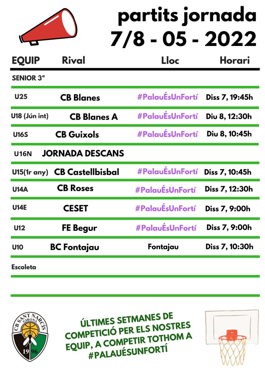 🗓Calendari de partits #CBSN d’aquest cap de setmana‼️🏀

#CBSN #PalauÉsUnFortí #SomVerds