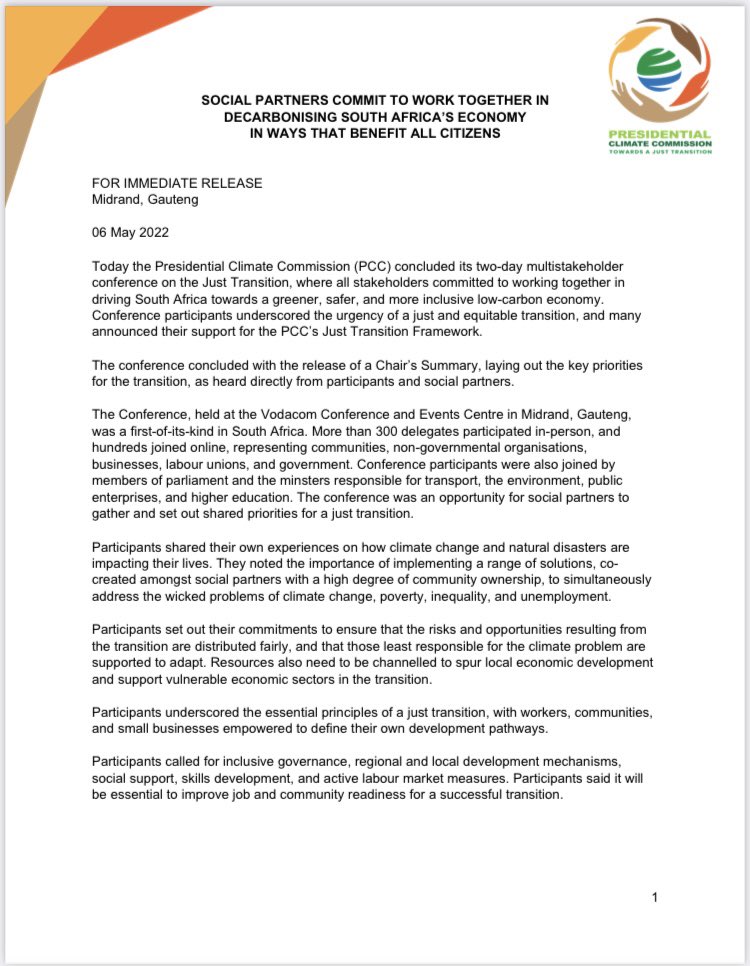 ClimateZA's tweet photo. PRESS RELEASE: 
06 May 2022
Social Partners Commit to Work Together in Decarbonising South Africa’s Economy in Ways That Benefit All Citizens: https://t.co/R668RT30vU