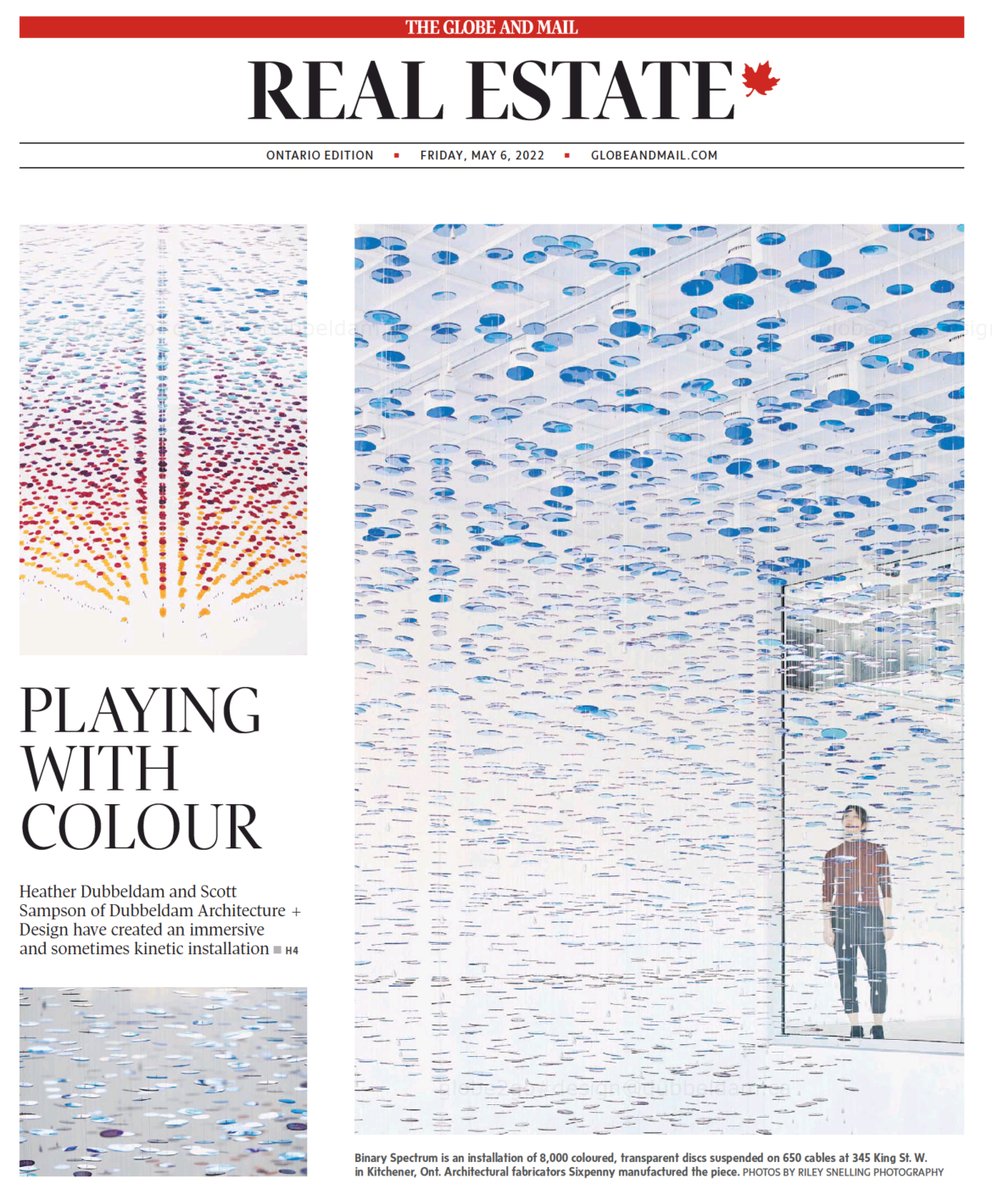 Thrilled that Binary Spectrum has been featured on the cover of the Real Estate section in today's <a href="/globeandmail/">The Globe and Mail</a>! <a href="/GMArchitourist/">Dave LeBlanc</a> Dave LeBlanc, for his Architourist column, visited Kitchener with us for a tour of the installation.
