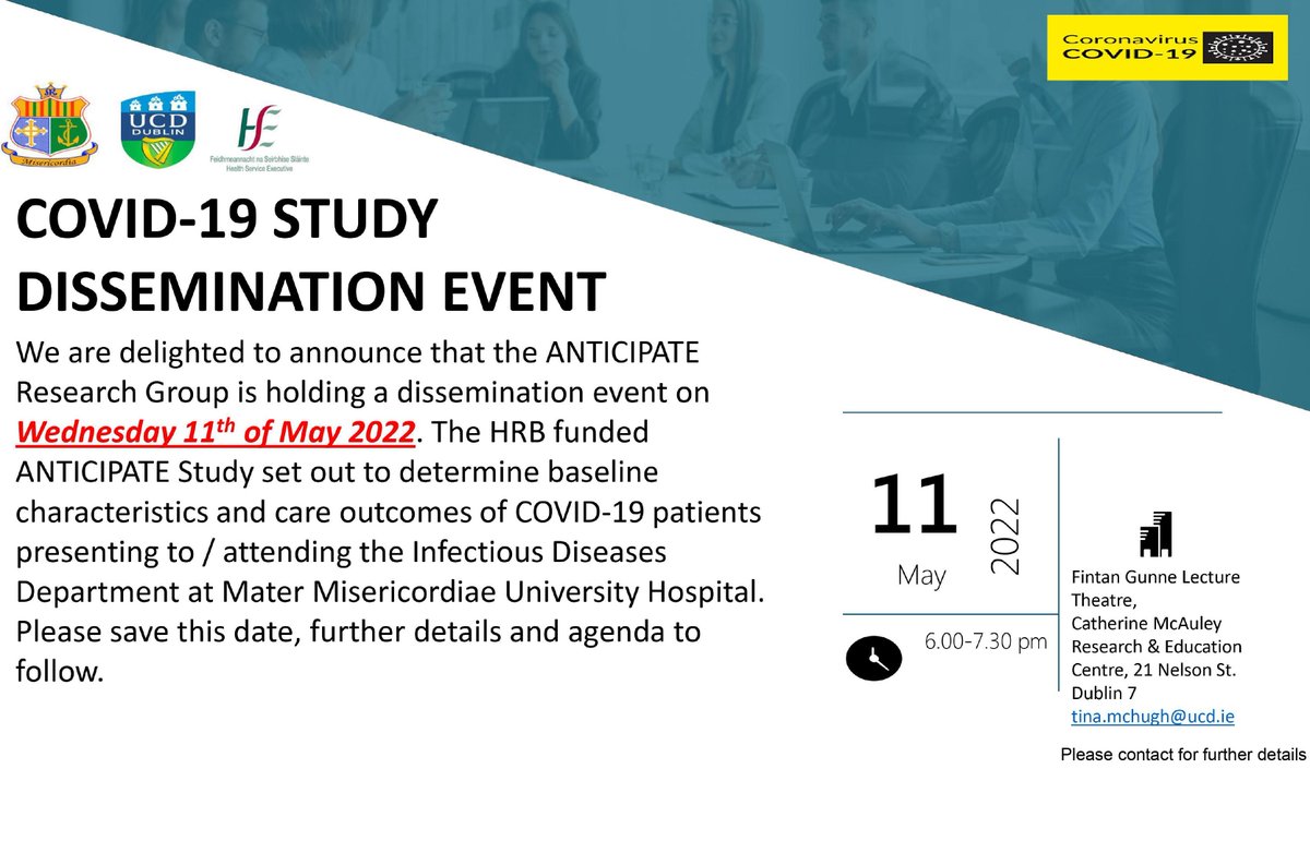 Meducd's tweet photo. The Anticipate [COVID-19] Study research dissemination event will take place in person at the Catherine McAuley Centre (near the Mater Hospital) and via zoom next Wednesday (May 11th) at 6pm! Please contact Ms. Tina McHugh for details. All are welcome. https://t.co/pE25Je1HYO