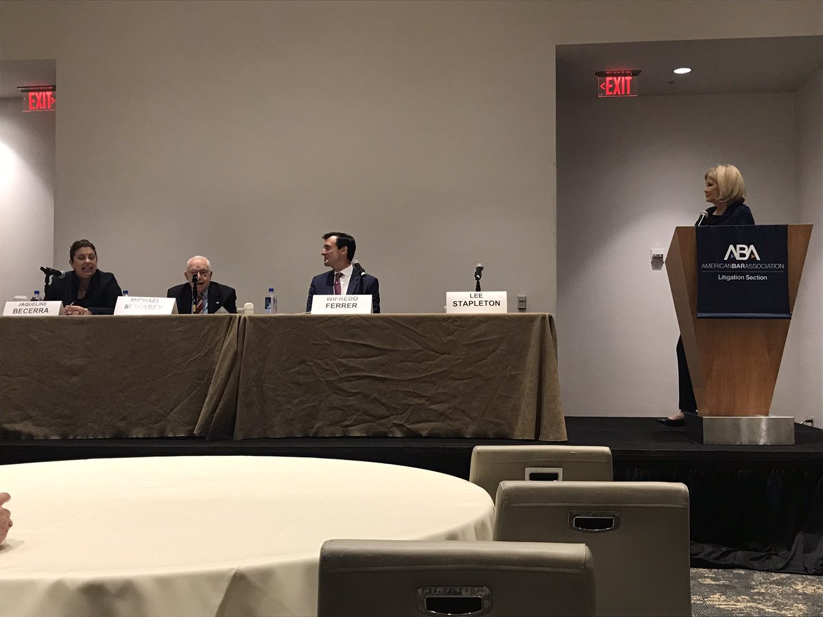 Another great plenary session at the ABA Litigation Section Annual Conference. Panel including former Attorney General Mukasey who was asked if the President is the client of the Attorney General: “Short answer-No. Long answer-Hell No”