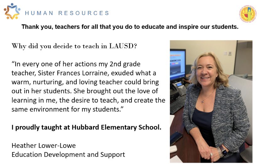 LAUSDHR's tweet photo. For Teacher Appreciation Week @LAUSDHR leadership is reflecting on why we chose to pursue a career in teaching. @LAUSDSup @LASchools @LDNESchools @Kelly4LASchools @hubbardpride @LAUSD_Recruiter
#TeachinLA #lausdhr #lausd #IBelieveinLAUSD #teachers #TeacherAppreciationWeek2022 https://t.co/E9D3hWSADj