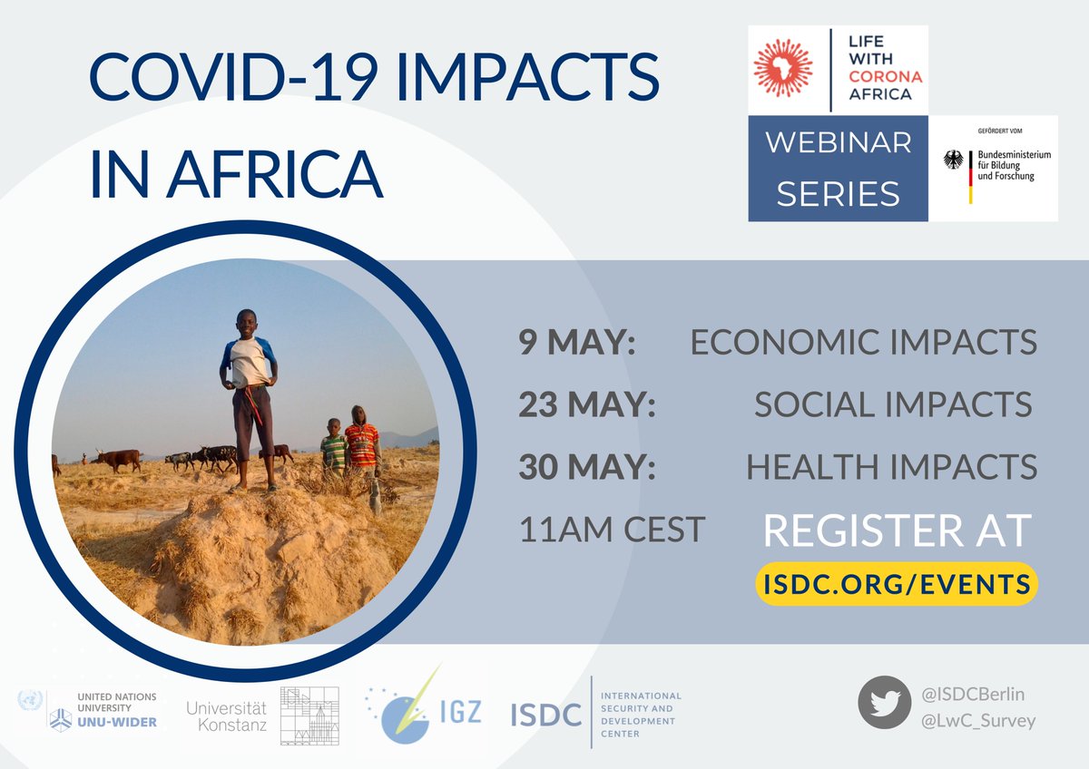 🚨 "Life with Corona in Africa" webinar series on the social, economic &amp; psychological impacts of the #pandemic in Africa. <a href="/ISDCBerlin/">ISDC Berlin</a>, <a href="/igz_leibniz/">IGZ</a> &amp; <a href="/UniKonstanz/">Universität Konstanz</a> presenting evidence from #phonesurveys in Mozambique, Sierra Leone, Tanzania &amp; Uganda.
➡️ bit.ly/3KQcNzw