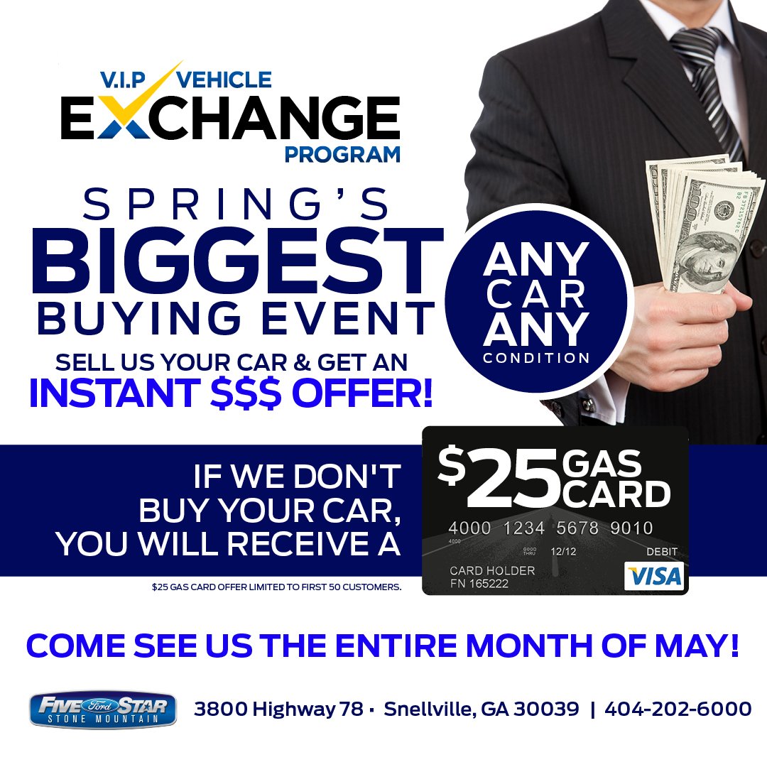 FiveStarFordSM's tweet photo. Don't miss out on Spring's Biggest Buying Event!🌸 Sell your car to us and get an instant 💰 offer! If we don't purchase your vehicle🚘, you'll a $25 gas card⛽️. Come and see us the entire month of May! https://t.co/0zkJkFUCz6 #FiveStar #FiveStarFord #Ford #StoneMountain https://t.co/9Ry0nJF0QJ