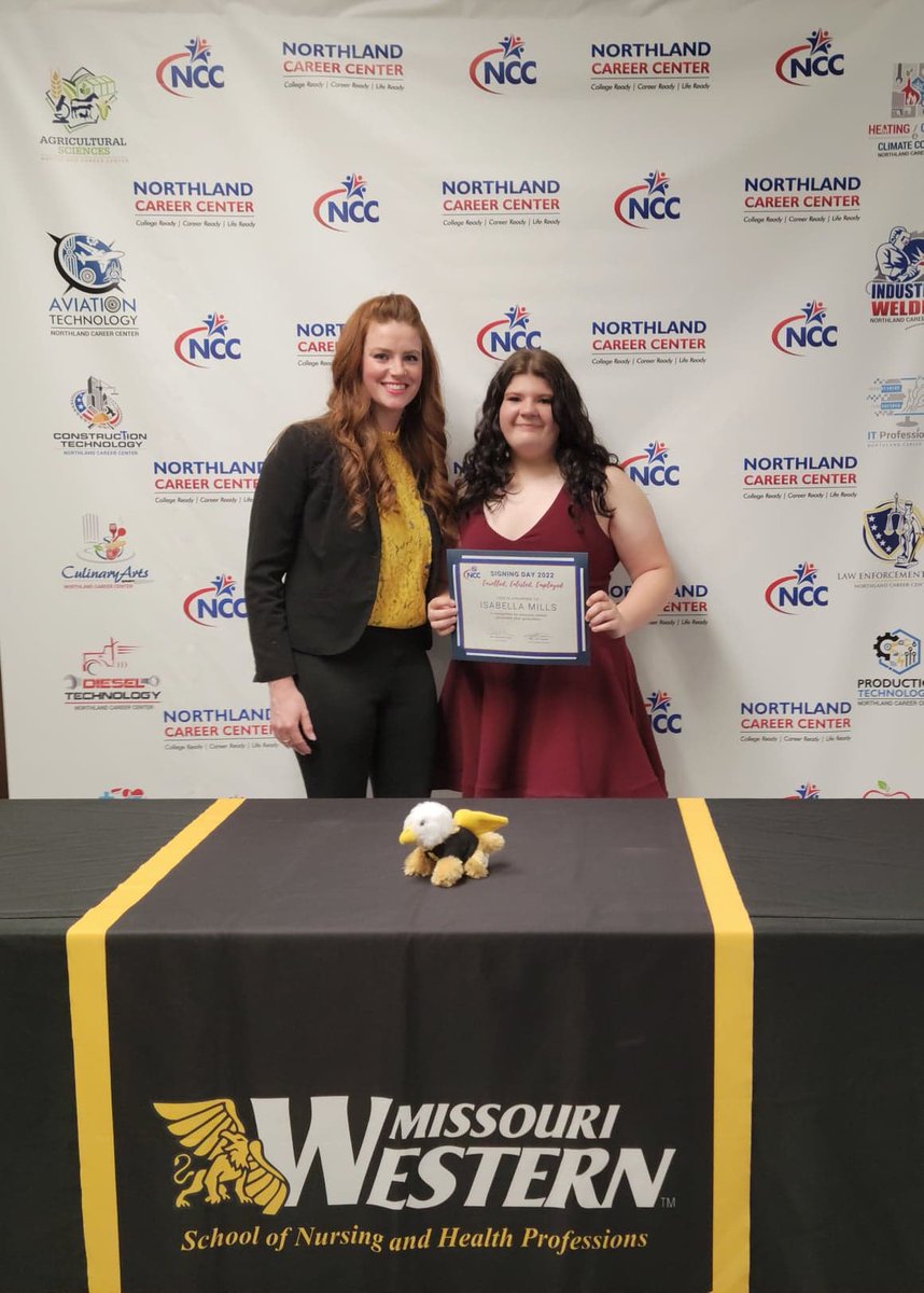 Missouri Western School of Nursing and Health Professions attended Signing Day for seniors at Northland Career Center. Admission Advisement Director, Jessica Adkins congratulates Isabella Mills on her decision to attend Missouri Western.