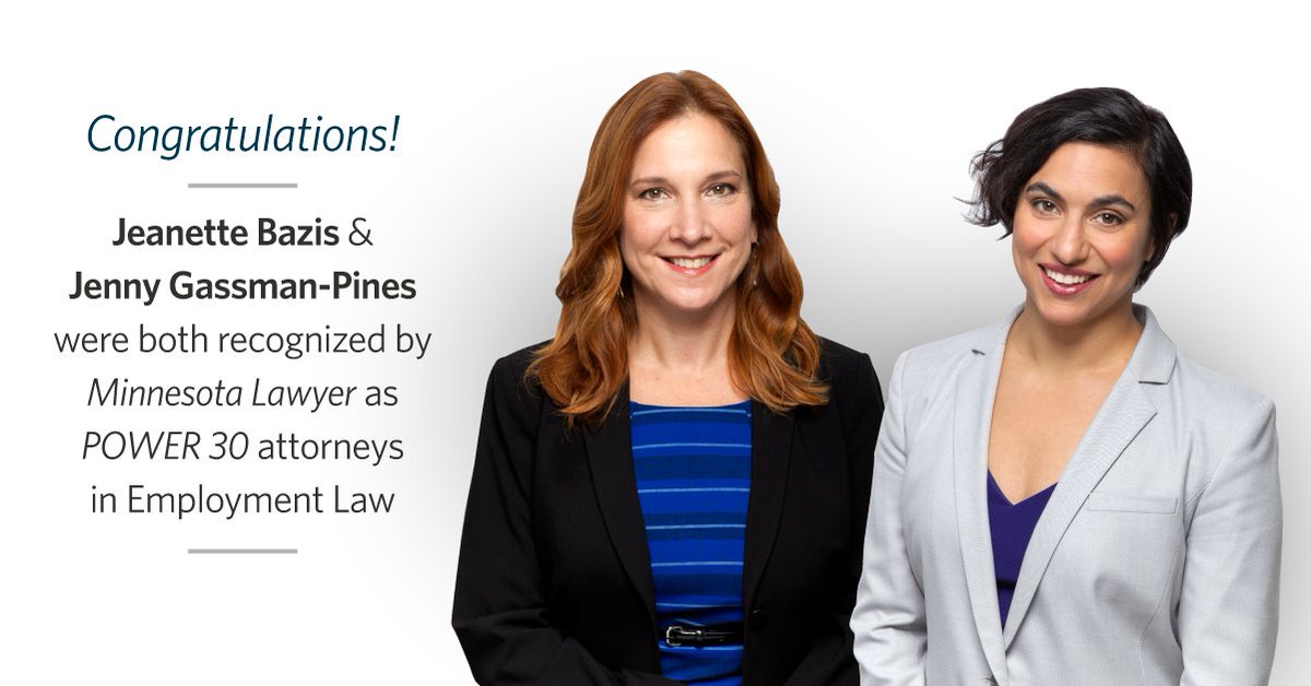 Congratulations to Jeanette Bazis and Jenny Gassman-Pines, who have been included in the <a href="/LawyerMN/">Minnesota Lawyer</a> 2022 Power 30 for Employment Law. #deliberatelydifferent #employmentlaw greeneespel.com/jeanette-bazis…