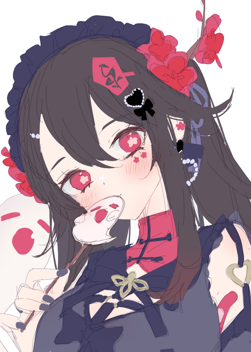 hu tao (genshin impact) 1girl ghost symbol-shaped pupils flower-shaped pupils red eyes black nails hair ornament  illustration images