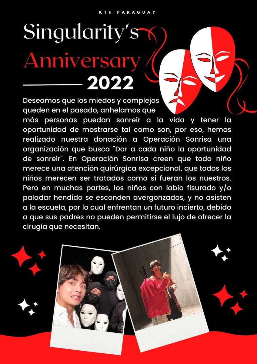 KTH_Paraguay's tweet photo. #4YearsWithSingularity
En honor al 4to Aniversario de Singularity hemos realizado una donación a @osonrisapy para que más niños tengan la Oportunidad de Sonreír sin prejuicios 💜
#태형이만의특별함_싱귤4주년 https://t.co/IvEsqxVd4O