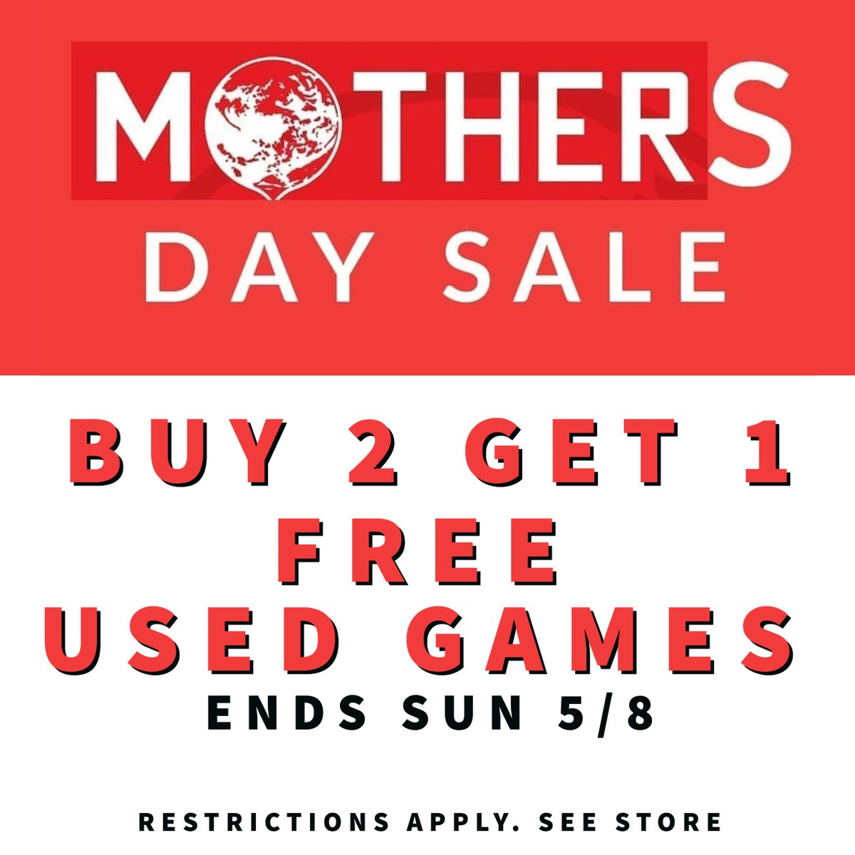 CybertronGames's tweet photo. Don't forget about Mom gamers!  BUY 2 GET 1 FREE on Pre owned games!  Get Mom some games and maybe something for yourself too😜 (restriction apply)  Hurry!  Sale ends on Mother's Day, Sunday 5/8 #mothersday #mother #nintendo #ps4 #XboxOne #switch #3ds #ps3 #ps2 #sega #mario #mom https://t.co/QV30ivI8Ju