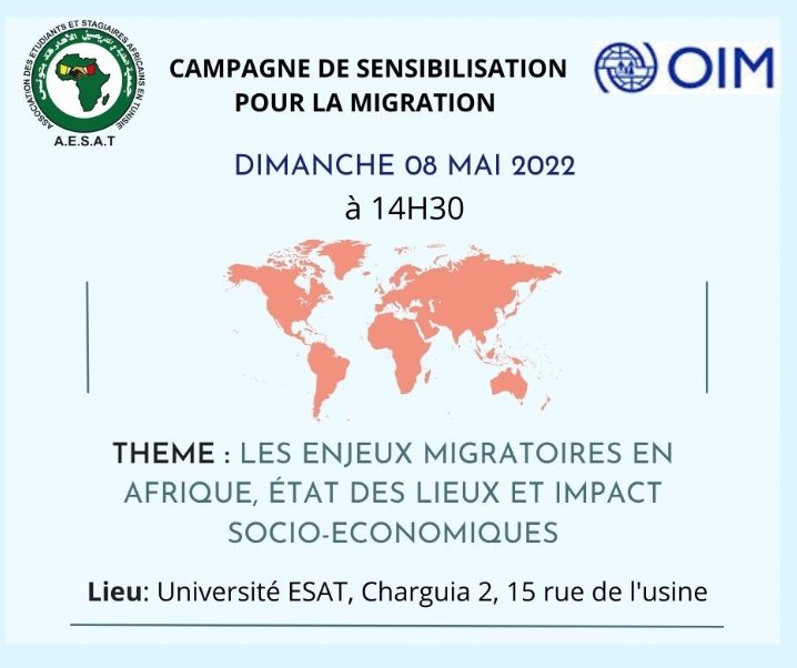 ASCET18's tweet photo. #Campagne de #sensibilisation pour la #Migration 
Dimanche 08 mai 2022 à 14H30

@OIFrancophonie @ONUmigration #Tunisie #Afrique #RDCONGO @DeniseNyakeru @Presidence_RDC @AkiaRachel #information https://t.co/QNWeQpEtJW