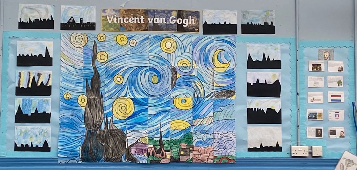 GlencairnpsN's tweet photo. P6 be were delighted to see our corridor display completed today . A super Starry Night collaborative mural and some of our own art work inspired by Van Gogh. We also took a tour at the the virtual Tate Gallery ! https://t.co/EZS5cJbJn9