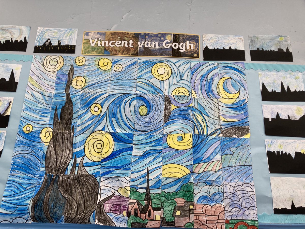 GlencairnpsN's tweet photo. P6 be were delighted to see our corridor display completed today . A super Starry Night collaborative mural and some of our own art work inspired by Van Gogh. We also took a tour at the the virtual Tate Gallery ! https://t.co/EZS5cJbJn9