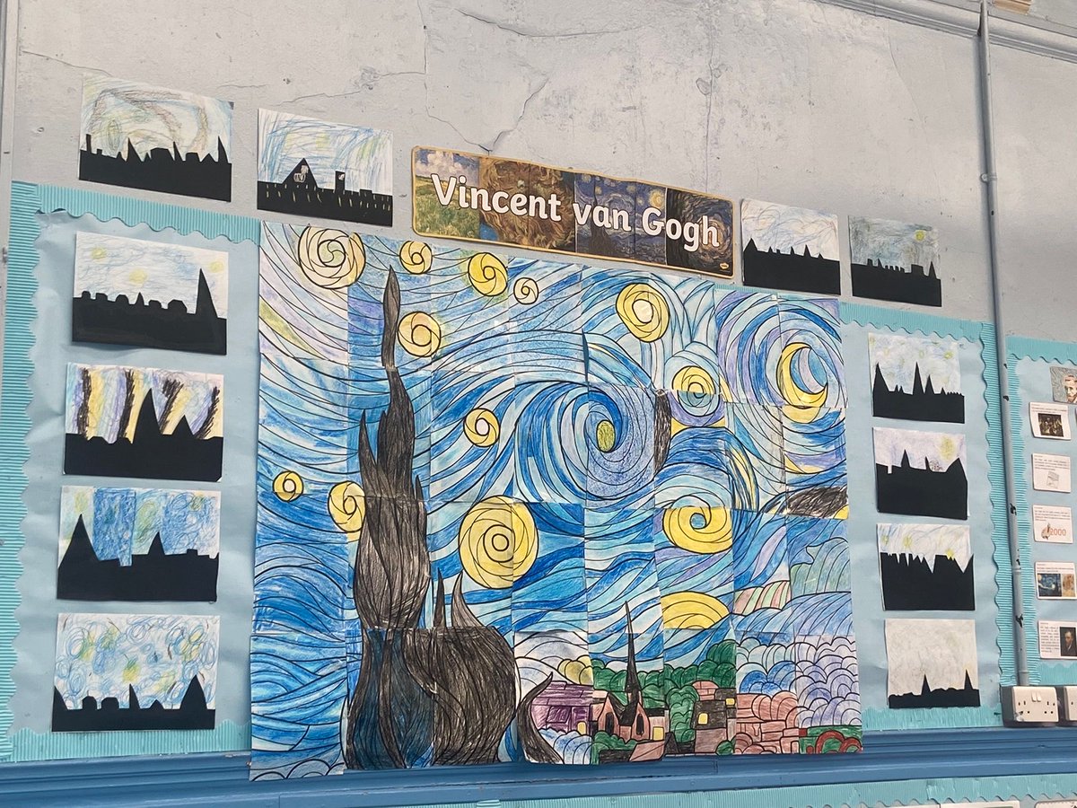 GlencairnpsN's tweet photo. P6 be were delighted to see our corridor display completed today . A super Starry Night collaborative mural and some of our own art work inspired by Van Gogh. We also took a tour at the the virtual Tate Gallery ! https://t.co/EZS5cJbJn9