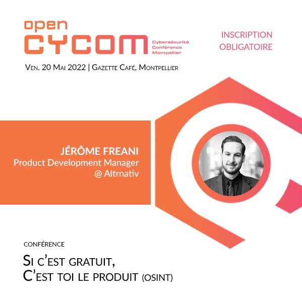 Cyberologue - Actualité cybersécurité, RGPD,... (@cyberologue_fr) on Twitter photo Très heureux de réaliser ma prochaine conférence #OSINT à Montpellier lors de l'#OpenCYCOM !
Un programme spécial vous attend 🤫
Tous les détails ⬇️
cc <a href="/Devensys_fr/">Devensys Cybersecurity</a> Très heureux de réaliser ma prochaine conférence #OSINT à Montpellier lors de l'#OpenCYCOM !
Un programme spécial vous attend 🤫
Tous les détails ⬇️
cc <a href="/Devensys_fr/">Devensys Cybersecurity</a>