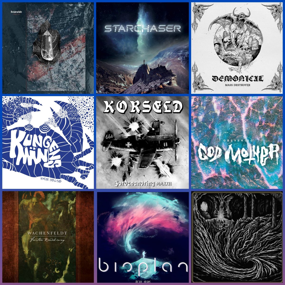 Vegmarg's tweet photo. NEW RELEASES THIS WEEK! @DemonicalBand #Starchaser @GodMotherBand #Korseld @WachenfeldtBand #SepulchralRift #Kungensmän #Stjärnfält #Bioplan 🇸🇪 https://t.co/PdEfKWx5RW