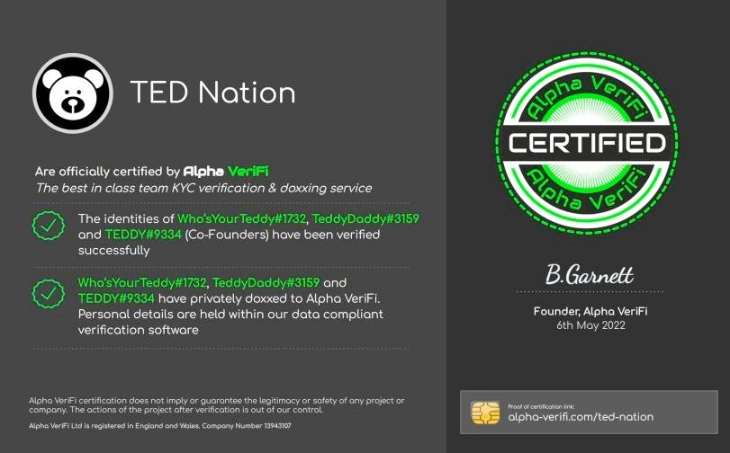 Ted Nation (@tednationnft) on Twitter photo WE ARE DOXXED by <a href="/AlphaLabs_NFT/">Alpha Labs - Best-in-class KYC and Doxxing</a>
With doxxing we want to give everyone of you an even better feeling about TED Nation. We are here to stay. We are here to grow with you. We are here TO FUCKIN MAKE IT WITH YOU LOVELY PEOPLE!
Let's fluff! 🧸 WE ARE DOXXED by <a href="/AlphaLabs_NFT/">Alpha Labs - Best-in-class KYC and Doxxing</a>
With doxxing we want to give everyone of you an even better feeling about TED Nation. We are here to stay. We are here to grow with you. We are here TO FUCKIN MAKE IT WITH YOU LOVELY PEOPLE!
Let's fluff! 🧸