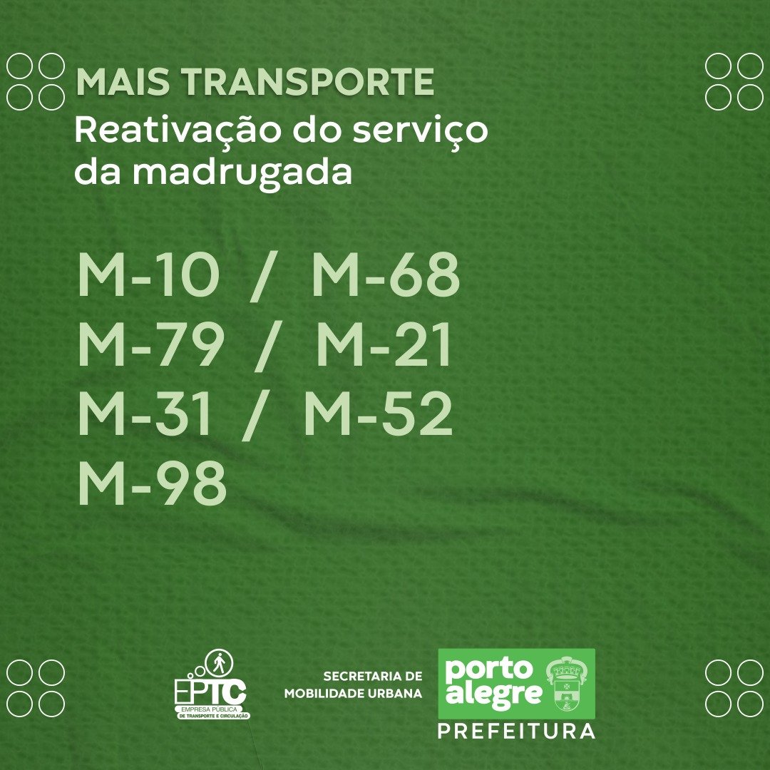 EPTC_POA's tweet photo. A partir da próximo segunda-feira, 9, a @Prefeitura_POA irá reforçar o serviço de transporte noturno e na madrugada com mais 100 viagens. A ampliação é a primeira etapa prevista no Programa de Reestruturação do Transporte.

🌐: https://t.co/rtBH8WfhwB https://t.co/aPN8zbggo2