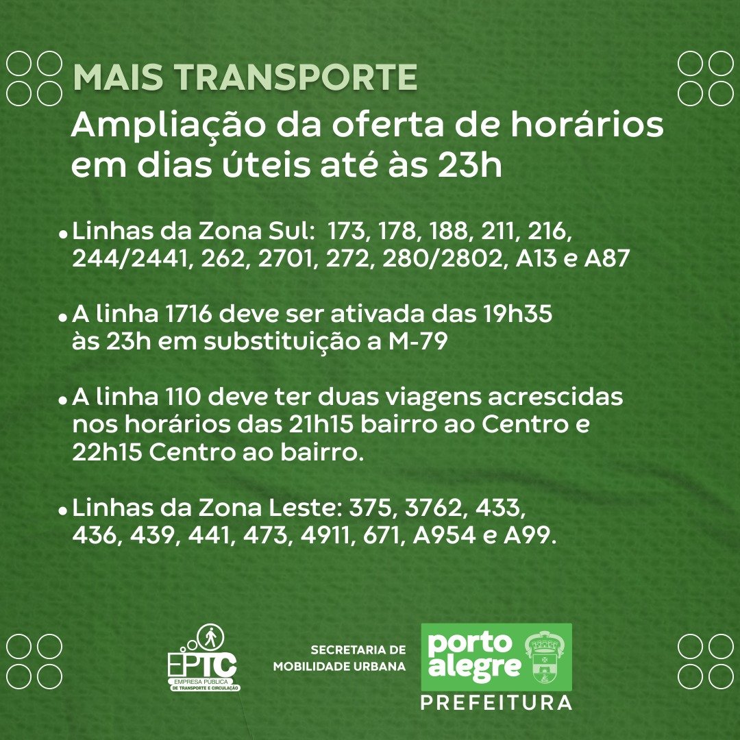 EPTC_POA's tweet photo. A partir da próximo segunda-feira, 9, a @Prefeitura_POA irá reforçar o serviço de transporte noturno e na madrugada com mais 100 viagens. A ampliação é a primeira etapa prevista no Programa de Reestruturação do Transporte.

🌐: https://t.co/rtBH8WfhwB https://t.co/aPN8zbggo2
