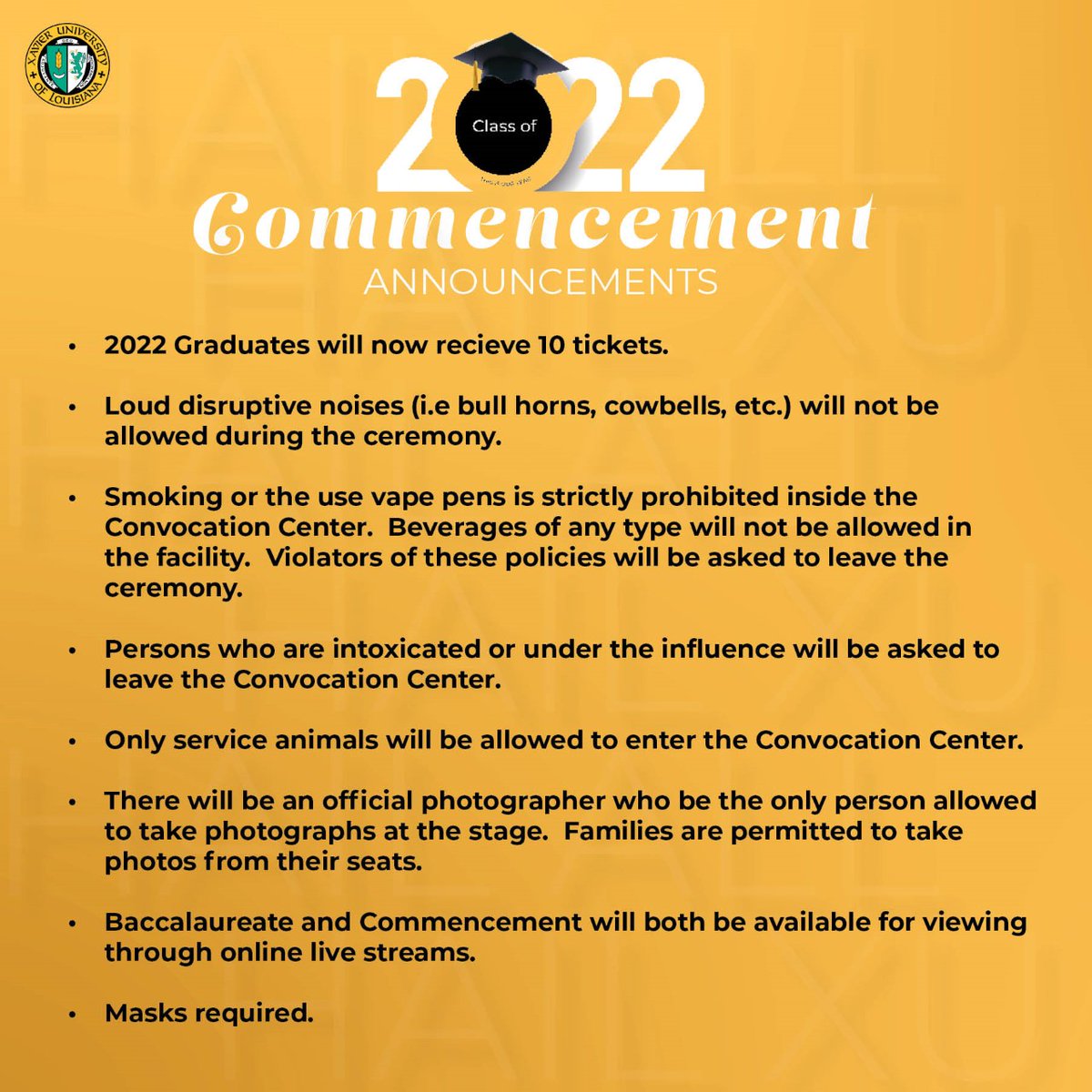 XULA Student Affairs (@xulastuaffairs) on Twitter photo We at the Office of Student Affairs can't wait to see you in your cap and gown tomorrow and clap for you as you cross the stage, but here are some important things we want to make sure you and your family are aware of!
Congratulations <a href="/XULA_2022/">XULA Class of 2022π€π</a> π
#XULA #eXcellence We at the Office of Student Affairs can't wait to see you in your cap and gown tomorrow and clap for you as you cross the stage, but here are some important things we want to make sure you and your family are aware of!
Congratulations <a href="/XULA_2022/">XULA Class of 2022π€π</a> π
#XULA #eXcellence