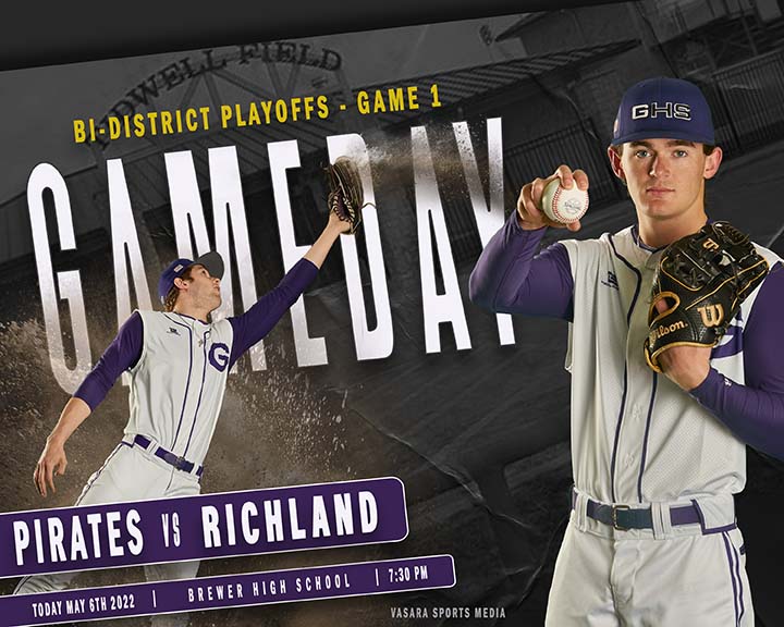 Bi-District Playoff Game 1 is Today!
Pirates Play Richland at Brewer High School Today at 7:30 pm

Good Luck to Seniors Matthew Walters, Parker Bradley and the entire Pirate Baseball Team!!!

Please support the team by sharing this post and/orcoming to the game to cheer them on.