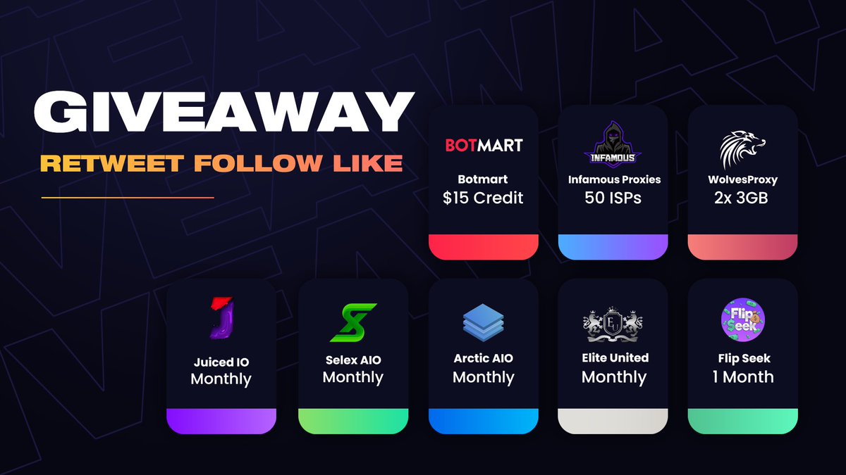 🎉 48h Giveaway 🎉
🔹 <a href="/botmrt/">BotMart™</a> 1x - $15 credit 
🔹 <a href="/InfamousProxies/">Infamous Proxies</a> 1x - 50 ISPs
🔹 <a href="/WolvesProxy/">WolvesProxy</a> 2x - 3gb Plans
🔹 @JuicedIO 1x - Monthly 
🔹 <a href="/SelexAIO/">Selex</a> 1x - Monthly 
🔹 @ArcticAIO 1x - Monthly 
🔹 <a href="/EIiteUnited/">Elite United Success</a> 1x - Monthly
🔹 <a href="/FlipSeek/">FlipSeek</a> 1x - Monthly 

RULES 
🔸 RT
🔸 FOLLOW
🔸 LIKE