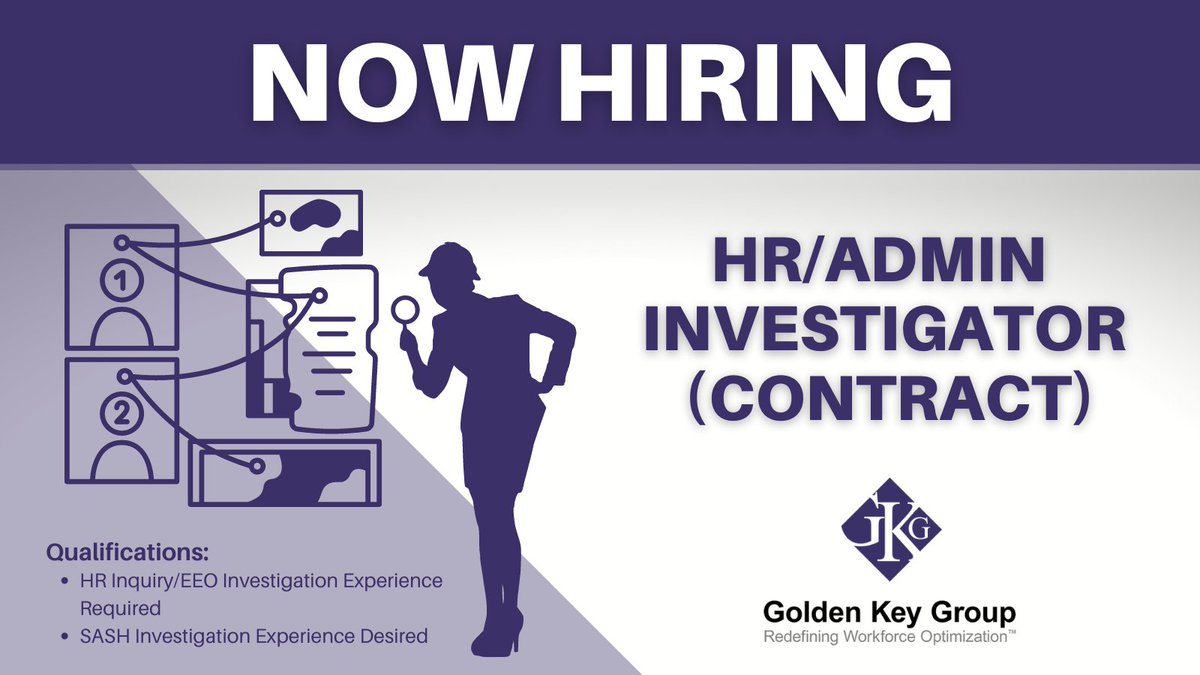 GoldenKeyGroup's tweet photo. We are #hiring an Administrative Inquiry Investigator! This role performs all components of an investigation to support the final Report of Inquiry (ROI).
Learn more about the position: https://t.co/aQya8f8S2n
#HRjobs #SASH #ERLR #EmployeeRelationsJobs #EEO #EEOinvestigation https://t.co/c9gItG83aE