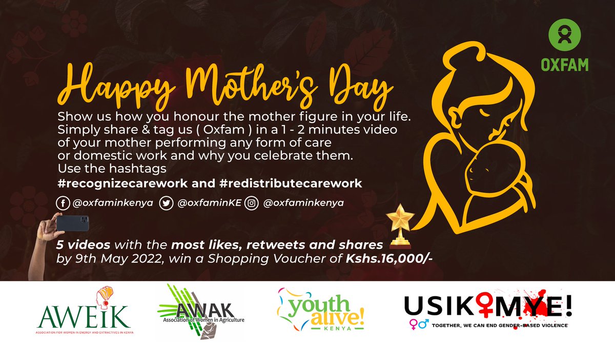 usikimye's tweet photo. Share and tag @oxfaminKE in a 1-2 minute video of your mother/mother figure performing any form of care or domestic work and why you celebrate them and stand a chance of winning Kshs 16,000 voucher.
Simply share and tag @oxfaminKE
#recognizecarework
#redistributecarework https://t.co/OjjvGDo1rD