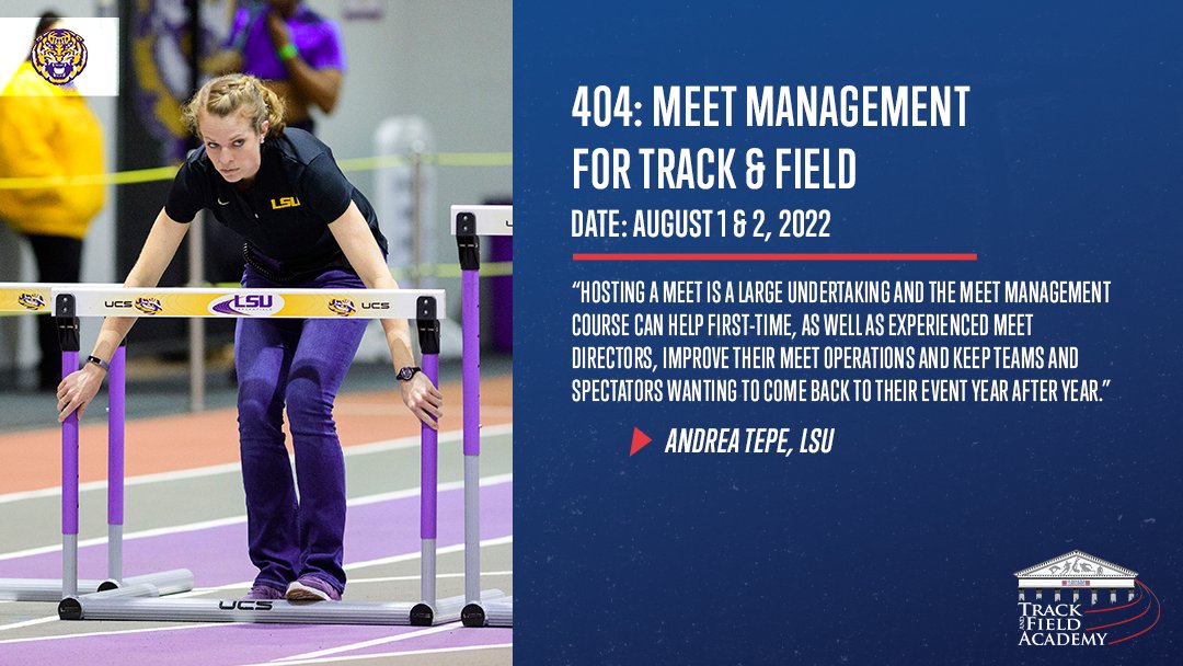 .<a href="/LSUsports/">LSU Tigers</a> Chief of Staff <a href="/tepeal/">Andrea Tepe</a> will teach "TFA 404: Meet Management for Track &amp; Field" on August 1-2! Andrea served as the Director of Operations for <a href="/LSUTrackField/">LSU Track & Field</a> for seven years before being promoted in 2020.

web2.ustfccca.org/tfa/