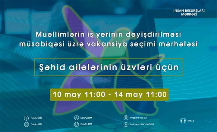 Mayın 10-dan Təhsil Nazirliyi sisteminə daxil olan dövlət ümumi təhsil müəssisələrində işləyən müəllimlərin iş yerinin dəyişdirilməsi müsabiqəsinin vakansiya seçimi mərhələsinə başlanılacaq.

#TəhsilNazirliyi #EduAz #MİQ #Yerdəyişmə

Ətraflı: bit.ly/3kNDZnY