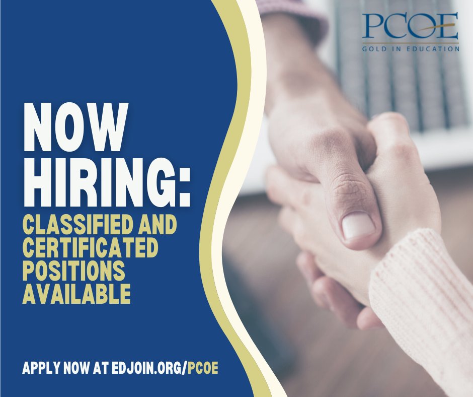 Placer_COE's tweet photo. Looking for a career with PCOE? We're hiring for a variety of positions, including positions in teaching, clerical, skilled trades, and more. To view a complete list of our current openings as well as additional information on job opportunities, visit https://t.co/31bylOZbUl https://t.co/w3F2qD82rS