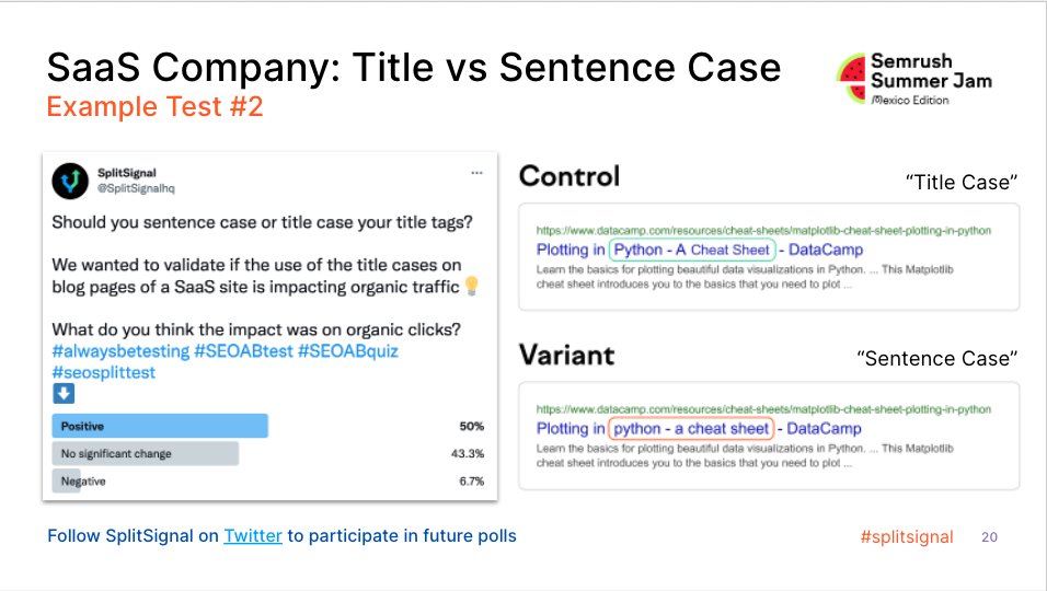 bmose14's tweet photo. Would changing from sentence to title case improve results? Showing off SplitSignal's superpowers at the @semrush Event, Summer Jam #ssj2022 #splitsignal https://t.co/MZKpumPl4p https://t.co/ESZpEf8Xwk