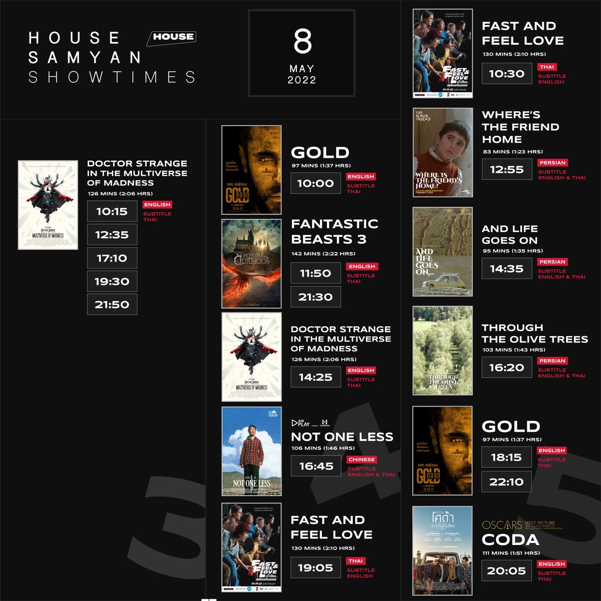 houseSamyan's tweet photo. ตารางฉายประจำวันที่ 8 พฤษภาคม 2565
#Showtime Schedule for 8 May 2022
#HouseSAMYAN
.
#DoctorStrange #MultiverseOfMadness
#NotOneLess House Classics
#Gold #FantasticBeasts3 #TheKokerTrilogy
#FastAndFeelLove #CODA https://t.co/HZXXANuRqn