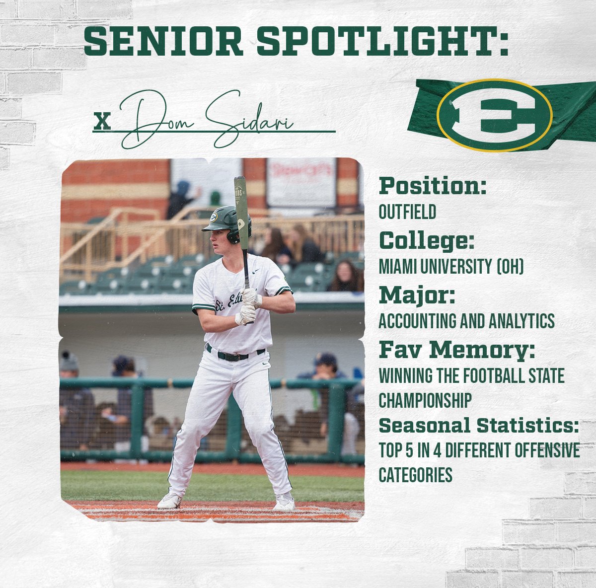 SEHS_BASEBALL's tweet photo. 🌟 SENIOR SPOTLIGHT 🌟

Our 10th senior is Dom Sidari! This multi-sport athlete is a freak of nature, which has allowed him to lead the @SEHS_FOOTBALL defense in their State Title run, as well as post a .321 AVG this season!

#EdsUp | @DomSidari https://t.co/IJXT4H1e8P