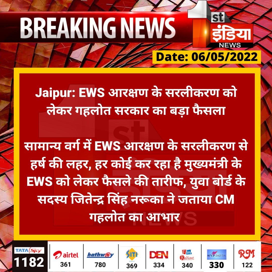 1stIndiaNews's tweet photo. #Jaipur: EWS आरक्षण के सरलीकरण को लेकर गहलोत सरकार का बड़ा फैसला

सामान्य वर्ग में EWS आरक्षण के सरलीकरण से हर्ष की लहर, हर कोई कर रहा है मुख्यमंत्री के EWS को लेकर फैसले की तारीफ....
@ashokgehlot51 @JitendraNaruk13 https://t.co/qD0scOvQhz