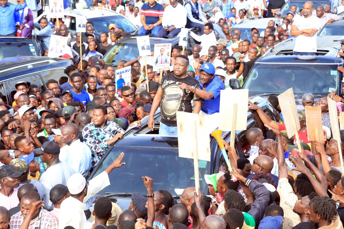 skmusyoka's tweet photo. What an incredibly amazing welcome for the Buffalo gang in Changamwe. Indeed #HakikaTutaweza. The dynamic duo of #SonkoMbogo will bring a revolutionary change to County 001. https://t.co/tnwlctAJTT
