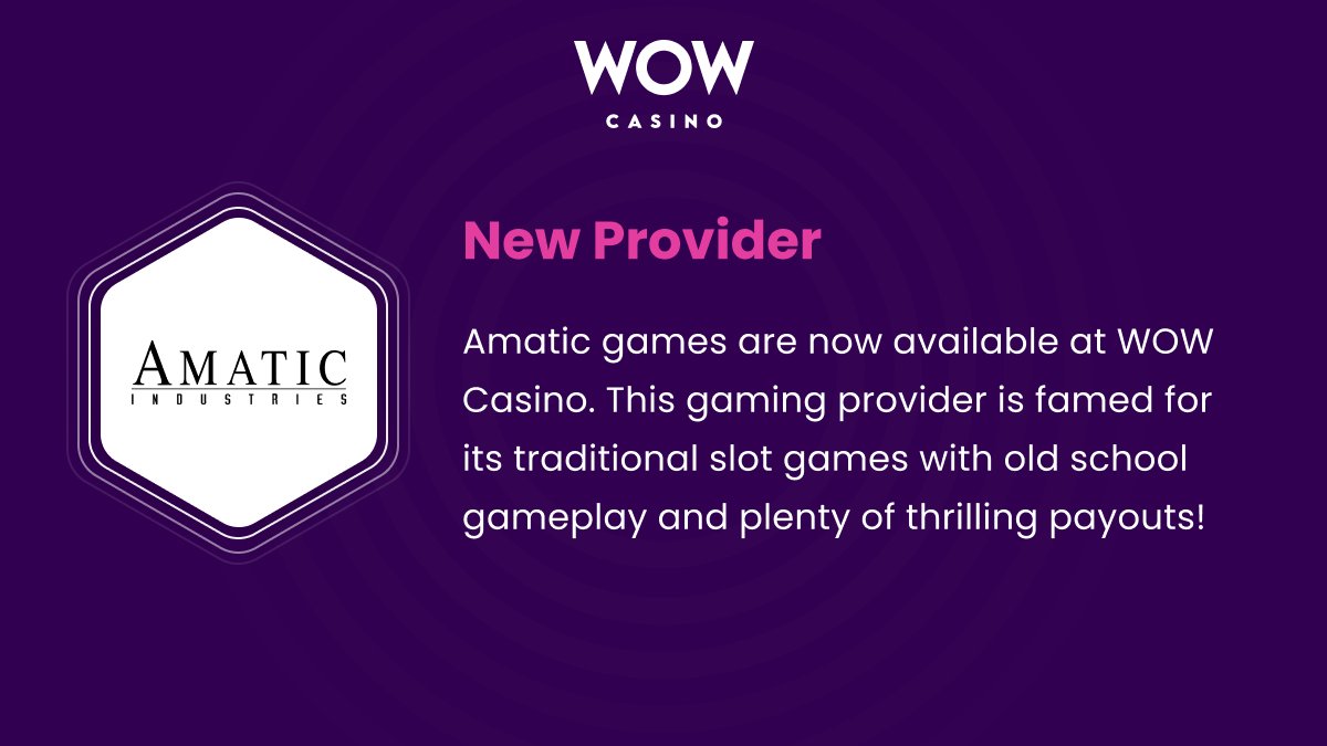 wowcasino's tweet photo. #Amatic games now available at WOW Casino! 🥳
https://t.co/A8WorYpfSj
#wowcasino #cryptocasino #casino #onlinecasino #bitcoincasino #amaticgames #slots https://t.co/GL0EC7rXTc