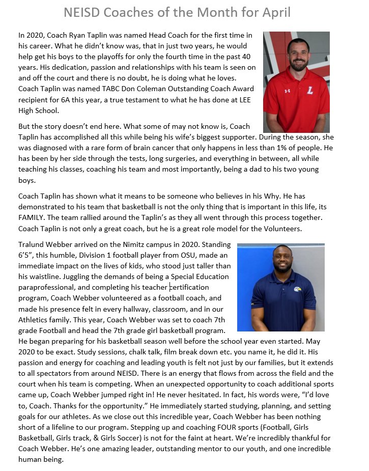 NeisdAthletics's tweet photo. Congratulations to Ryan Taplin of Legacy of Educational Excellence (LEE) High School and Tralund Webber of Nimitz Middle School for being selected as the NEISD Coaches of the Month for April. Thank you coaches for all you do for the students and athletes of NEISD. @NEISD https://t.co/q27rKGlSuJ